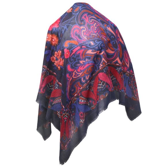 Floral Pashmina Style Scarf Wrap Shawl Navy Pink Paisley Tassel Fringed Cotton - Picture 4 of 5